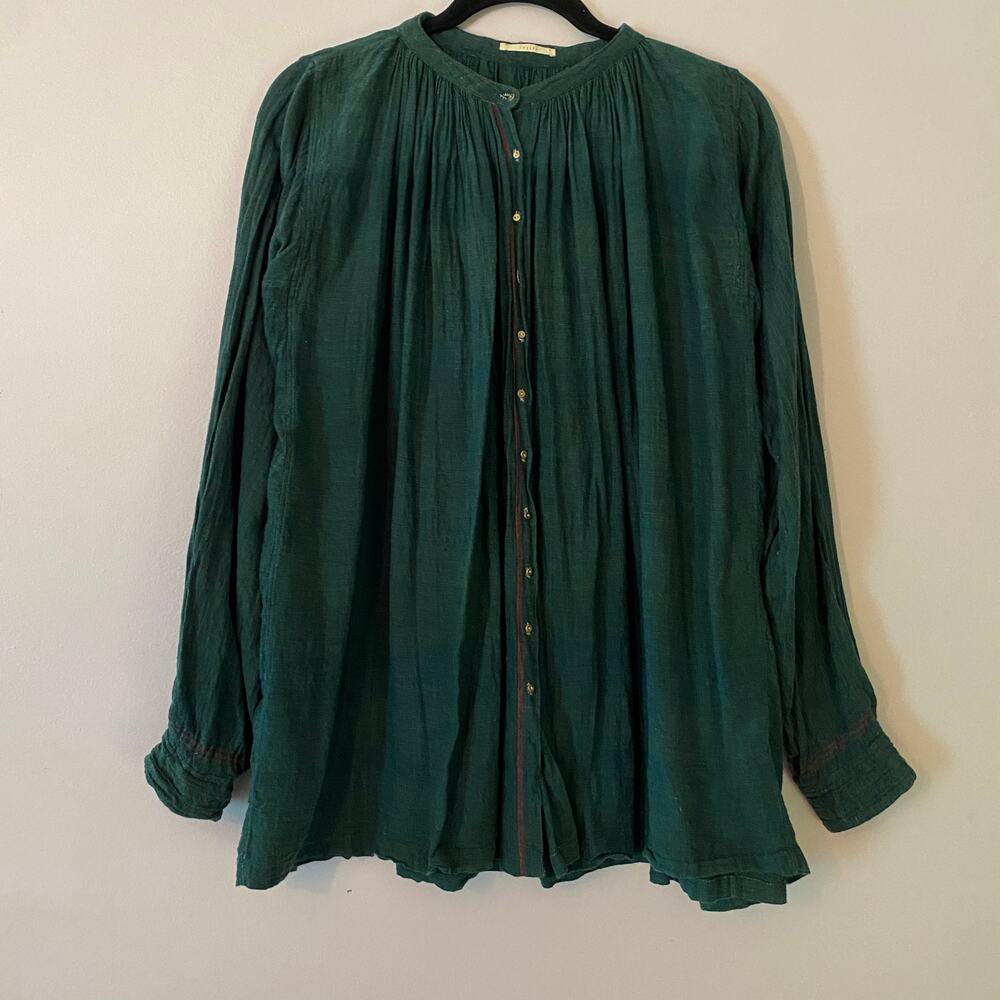 injiri Blue Green Cotton Button Down Pintucked Blouse Minimalist Lagenlook 40